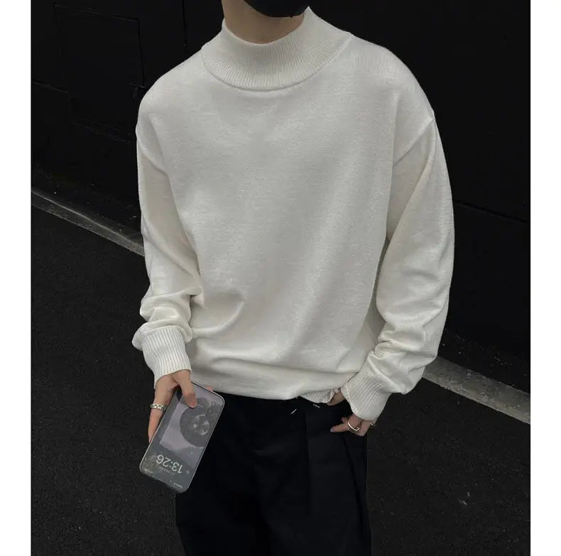 Men's Light Luxury Knit Mock Neck Sweater Autumn Winter Fashion Korean Long Sleeve Streetwear Leisure All-match Knitwear voguable