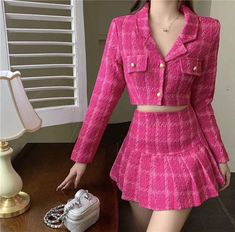 Voguable Matching Set Rose Pink Plaid Women Cropped Tweed Blazer High Waist Pleaste Mini Skirts Suits Ladies Fashion 2 Piece Sets voguable