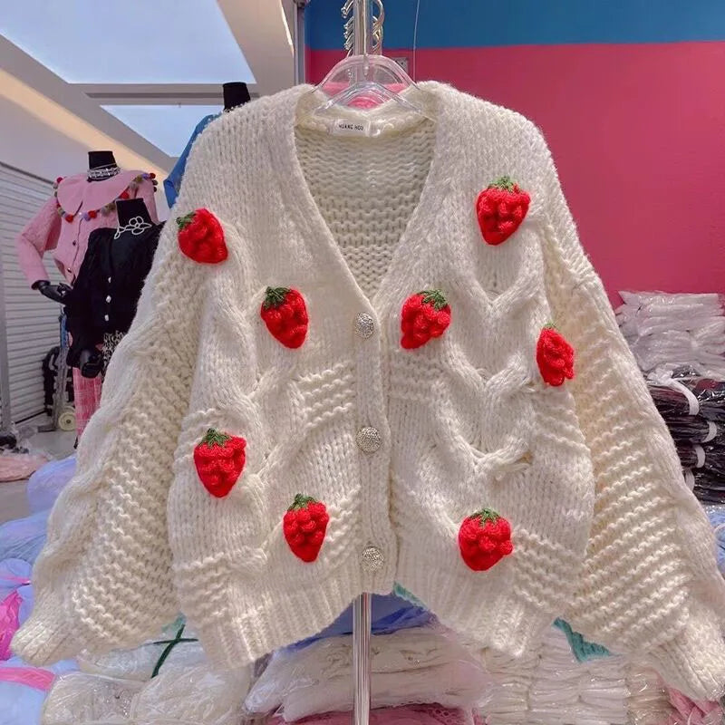 Autumn Winter Strawberry Knitting Women Cardigan Y2K Fashion Loose Long Sleeve Thicken Warm Sweater Korean Chic Preppy Sweater voguable