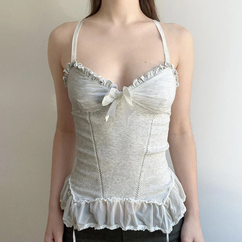 Voguable  Y2K Lace Ruffles Crop Top Women Coquette Aesthetic Bow Milkmaid Corset Cute Japanese Lolita Style Camis Fairy Vest voguable