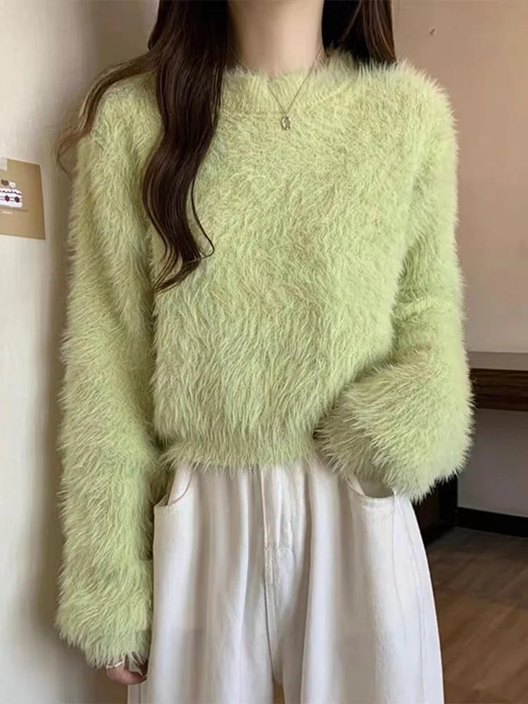 Women's Fuzzy Knitt Top Long Sleeve Mock Neck Fluffy Sweater Pullovers Cozy Plain Jumper Teen-girl Fall Winter Y2K Outfit voguable
