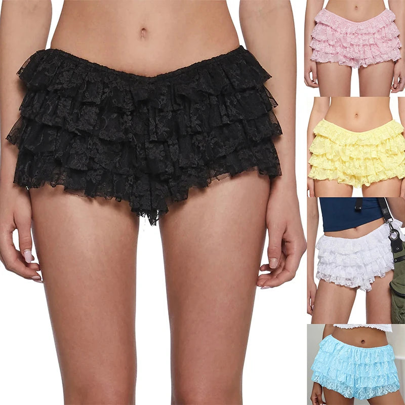 Voguable  Hot Sweet Girl's Summer Lace Fairycore Mesh Bloomer Shorts Low Waist Solid Overlap Ruffle Sexy Beach Holiday Cake Shorts voguable