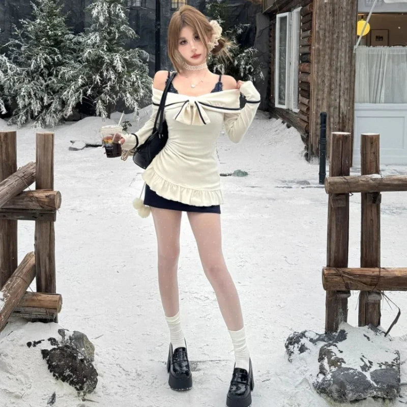 Elegant Sexy Two-piece Set Mini Dress Women Coquette Off Shoulder Evening Party Dress Sweet Korean Style Ruffle Dresses voguable