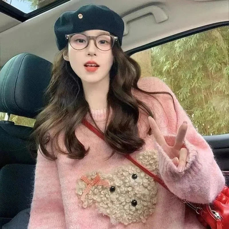 Cute Cartoon Pink Sweater Women Sweet Long Sleeve Knitted Kawaii Jumper Vintage Japan O Neck Lady Casual Lazy Wind Tops New voguable