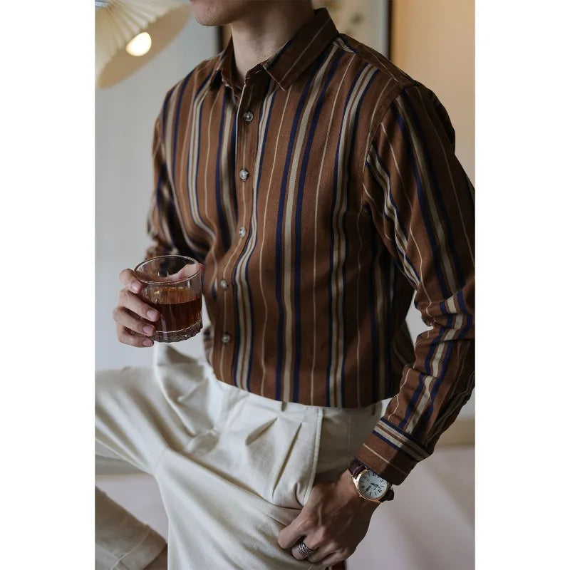 Voguable  Men's Square Collar Patchwork Striped Shirts for Spring and Autumn Fashion England Long Sleeve Loose Cardigan Button Casual Tops voguable