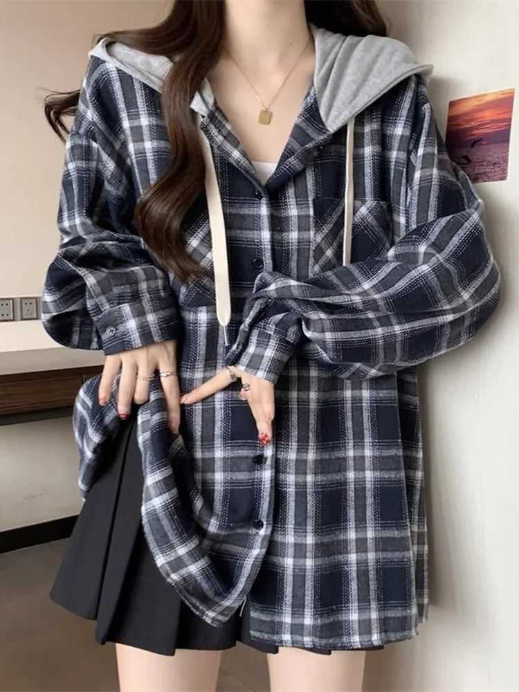 Vintage Plaid Hooded Shirt Women Oversize Long Sleeve Y2K Blouse American Casual Harajuku Female Vintage Spring Tops New voguable