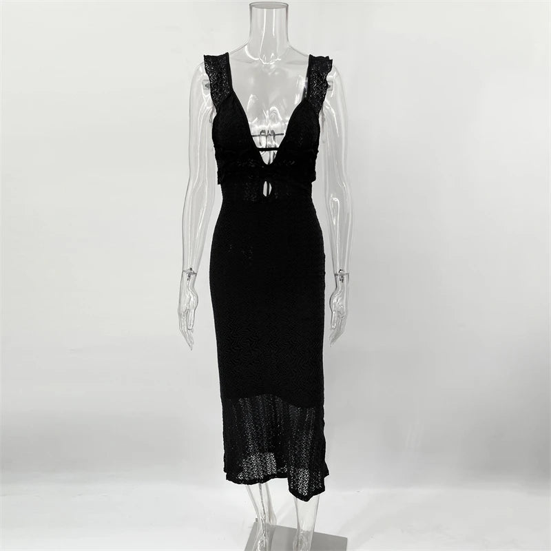 TARUXY Deep V Neck Sexy Dresses Women Sleeveless See Through High Waist Long Cover Up Dress Femme Holiday Knitted Beach Dress voguable