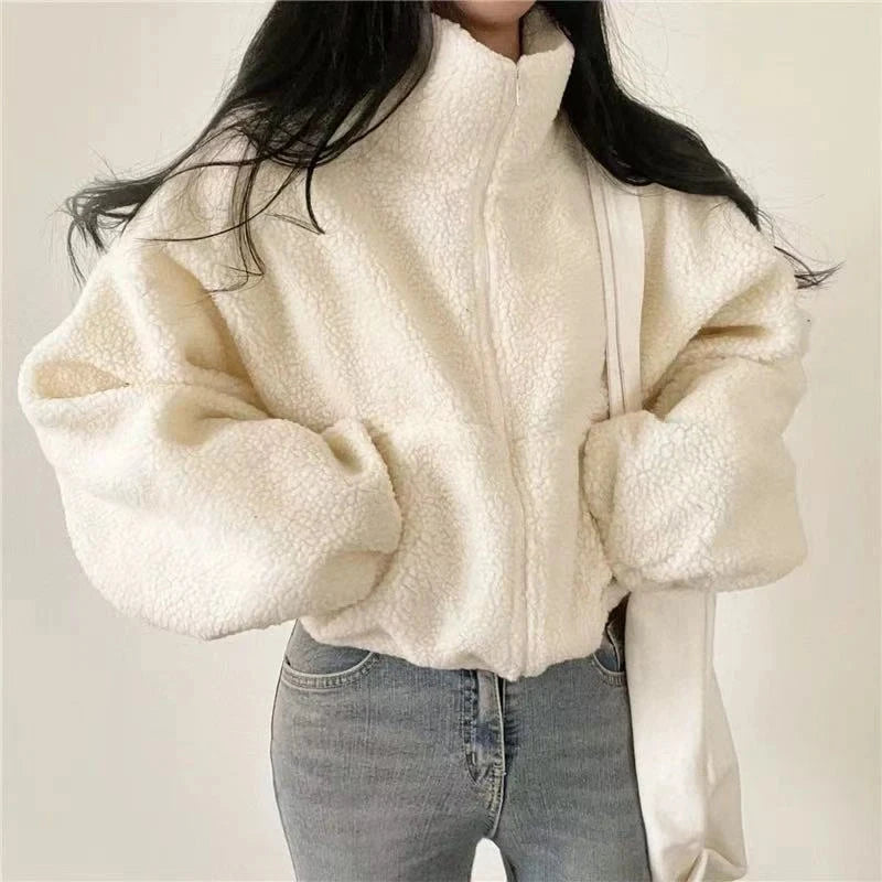 Artificial Lamb Wool Crop Jacket Women Autumn Winter Thick Warm Plush Coat Female Fashion Zipper Stand Collar Casual Outerwear voguable