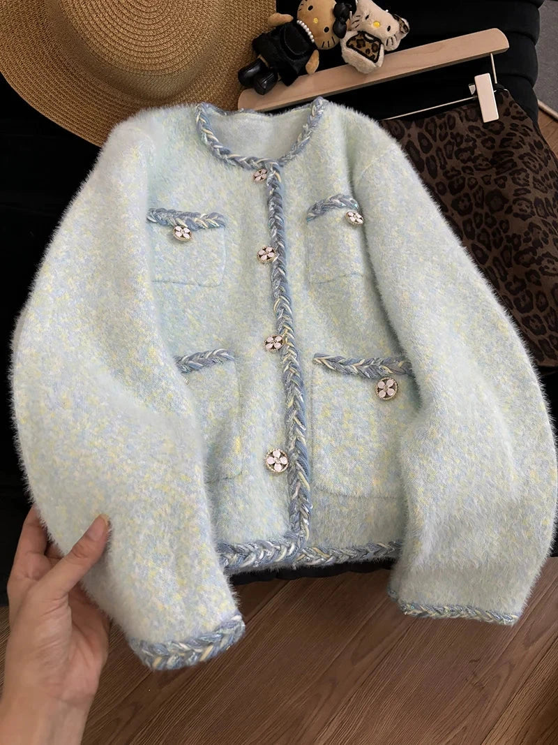 Faux Mink Cashmere Cardigan Coat Women Loose Sweet Long Sleeve Korean Knitted Jacket Sweater Fall Winter O Neck Cute Fashion Top voguable