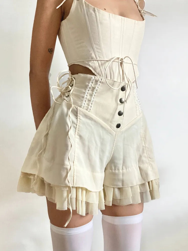 Rockmore Mesh Patchwork Hot Sweet Shorts Gentle Cute High Waist Women Y2K Coquette Aesthetic Summer Casual Mini Short Pants voguable
