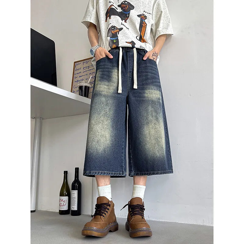Loose Fit Cropped Jeans Elastic Drawstring Waist Stretch Denim Casual Wear Comfort Men Baggy Denin pants man  Fashion Trendy voguable
