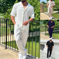 Fashion Mens Loose Two Piece Sets Spring Summer Casual Solid Color Ribbed Shirts And Pants Suits Men Streetwear Vintage Outfits voguable
