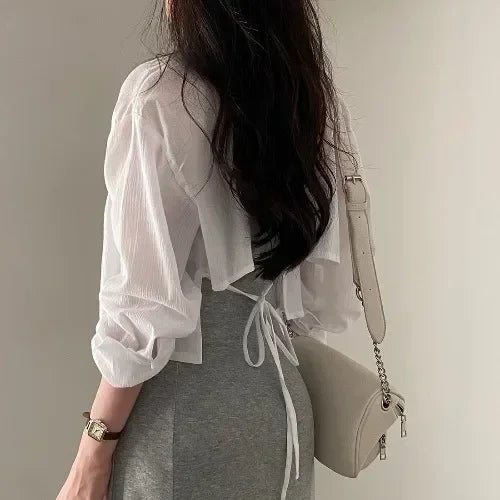 Y2K White Chiffon Sun Protection Shirt Women Korean Chic Loose Single Breasted Crop Tops Sexy See Back Lace Up Blouse voguable