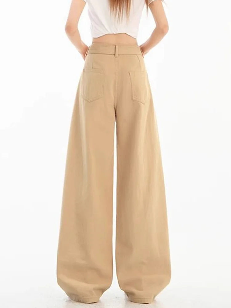 Belt Retro Khaki Jeans Women Y2K High Waist Loose Streetwear Denim Pants Casual American Vintage Autumn Wide Leg Trousers voguable