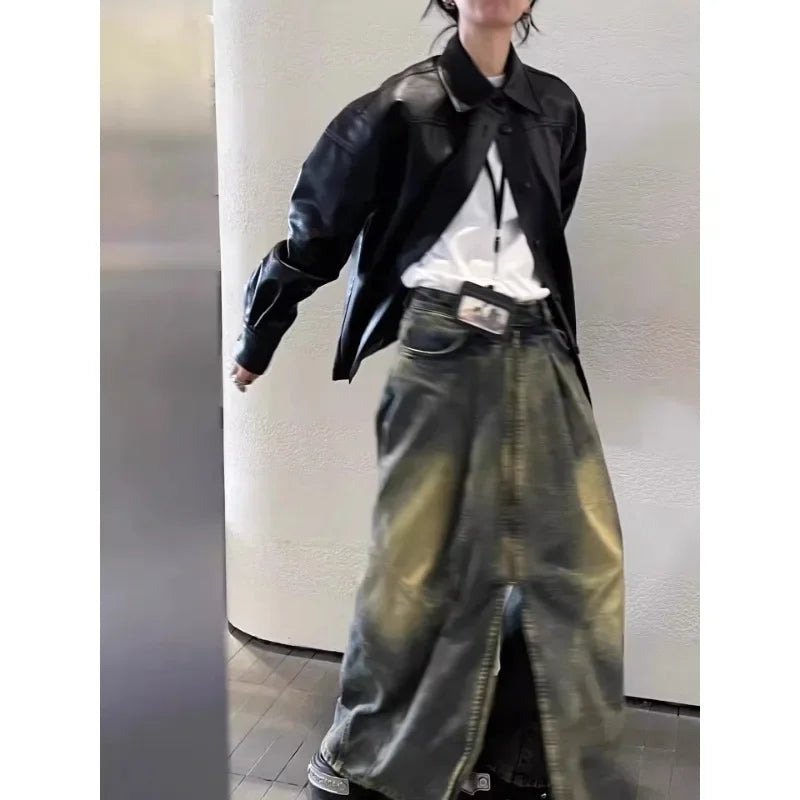 Voguable Fake Two-piece Loose Casual Zipper Jeans Women Autumn New Korean Distressed Washed All-match Denim Wide-leg Pants voguable