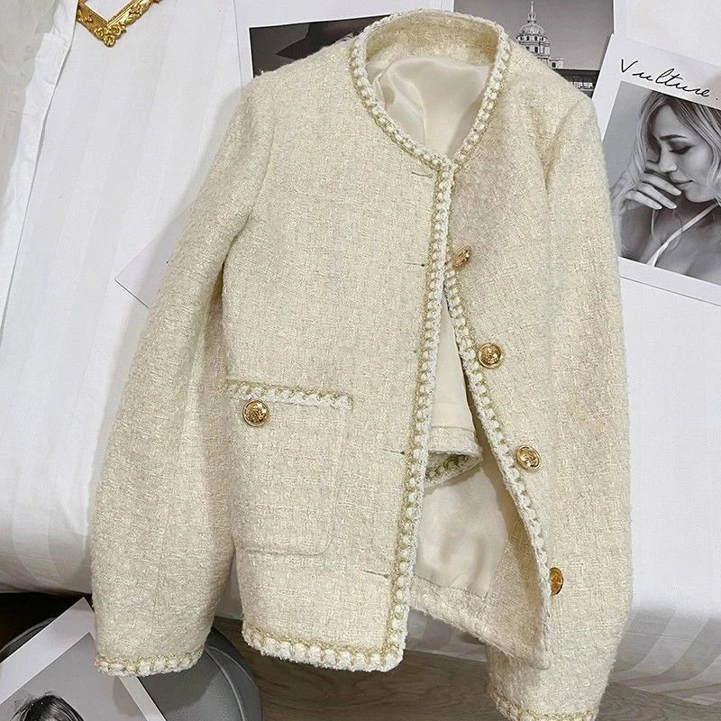 French Sweet Tweed Jacket Women O Neck Elegant Slim Long Sleeve Coat Vintage Casual Single Breasted Female Fall Winter Tops voguable