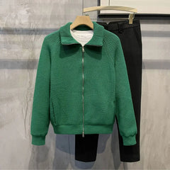 Men's Clothing Cardigan Collared Zipper Knit Sweater Male Solid Color Plain Green Zip-up Korean 2024 Autumn Stylish Hot Old X voguable