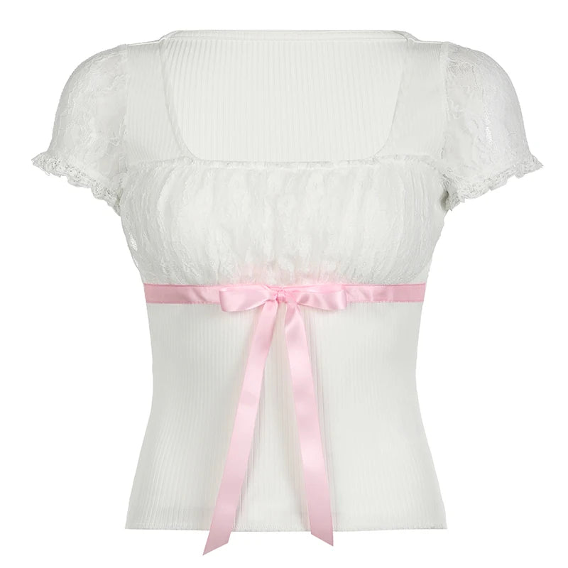 Voguable Coquette Contrast Bow Decorate Top Women's Summer Y2K Slim-fitting Puff Sleeve T-shirt Cute Japanese Lace Patchwork Tee voguable