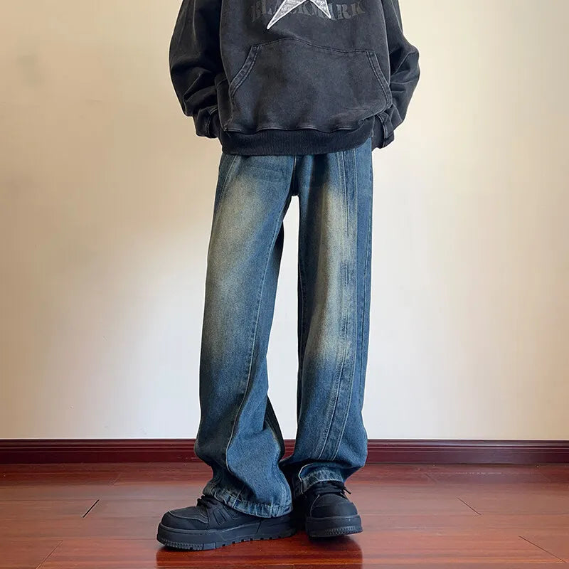 Destroyed Stitching Jeans Men's Blue Washed Jeans Gothic Style Street Trend Clothing Retro Loose Wide Leg Pants straight jeans voguable