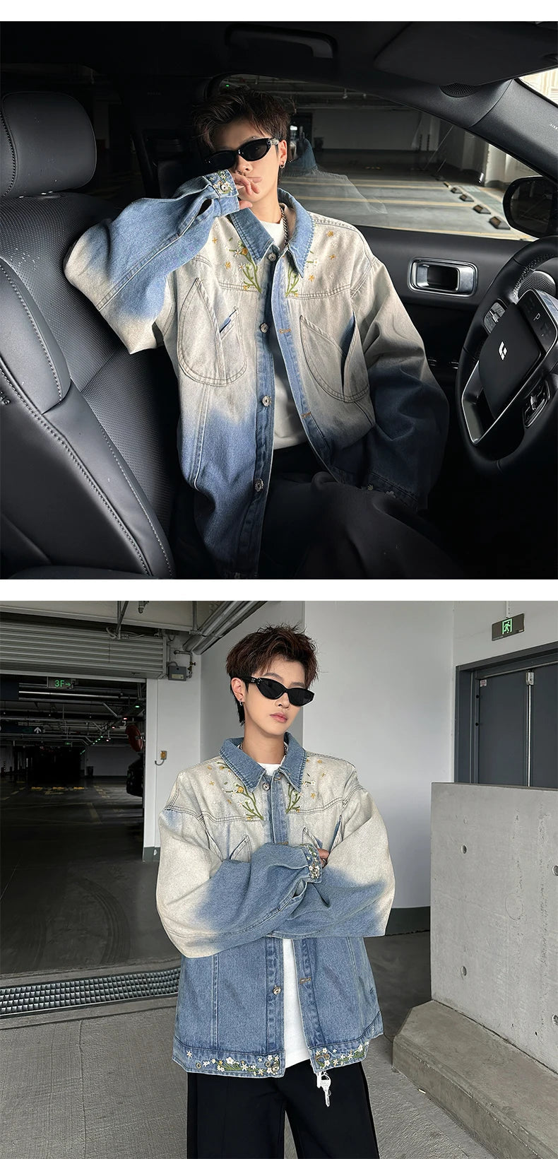American Gradient Floral Embroidered Denim Jackets Men Women Korean Version Heavy Loose Tops Trendy Design Jackets Aesthetic voguable