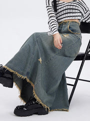 Ripped Denim Skirt for Women High Waisted Slit Cut Chic A-Line Long Skirt Basic Vintage Y2k Pocket Korean Fashion Skirt voguable