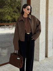 Fashion Brown Zipper Woolen Jacket For Women Elegant Lapel Long Sleeve Short Coats Female Vintage Autumn Lady Street Outerwear voguable