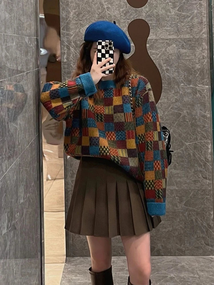 Voguable  Retro Harajuku Japan Plaid Sweater Women Streetwear Loose Knitted Tops Casual Loose O Neck Long Sleeve Bf Simple Pullover voguable