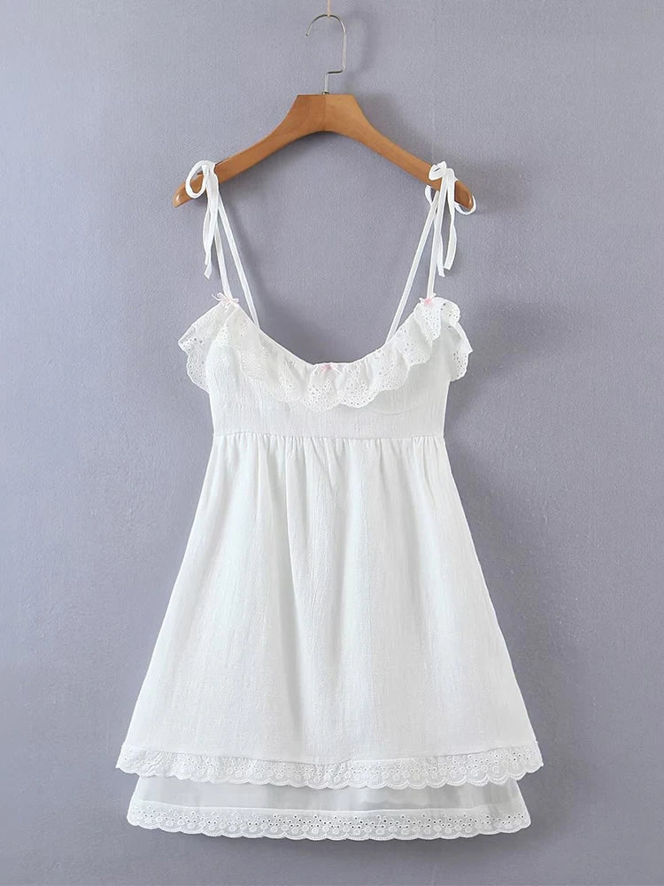 Voguable  Women Sweet Lace Patchwork White Sling Dress Sleeveless V Neck Female Mini Sexy Dresses voguable