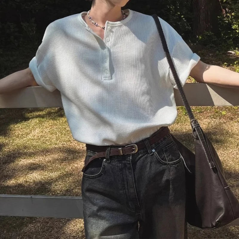 New Fashion American Style Men T-shirt Luxury Striped Knitted Henry Collar Tees Casual Solid Color Short Sleeve Breathable Tops voguable
