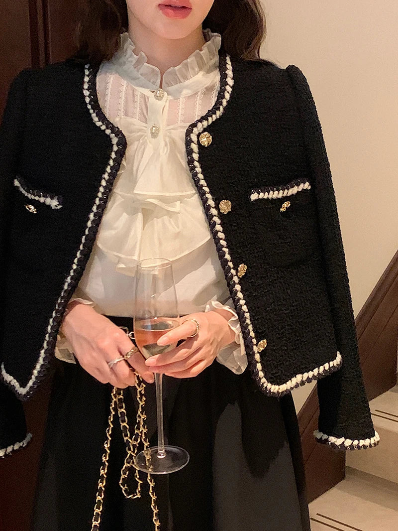 Vintage Jackets Women Black Tweed Cropped Coat Korean Elegant Thicken Single Breasted Blazer Casual Short Outerwear Tops voguable