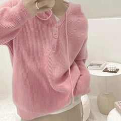 Hooded Sweater for Women Loose Button Front Long Sleeve Rib Knit Pullovers Hoodie Fall Winter Teen-girl Casual Chic Outfit voguable
