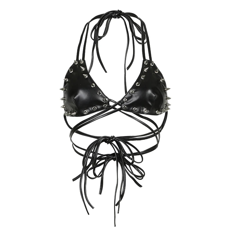 Dark Rivet Bandage Pu Leather Camis Halter Tops Punk Style Gothic Sleeveless Backless Crop Tops Women Streetwear voguable