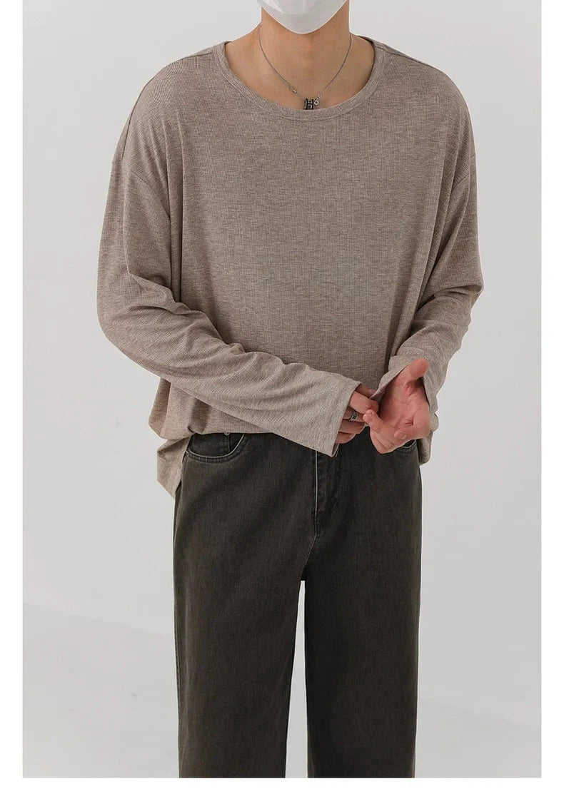 Korean Fashion Men T-shirt Luxury Knitted Solid Color Scoop Neck Long Sleeve Tees Casual Premium Quality Textured Knitwear M-3XL voguable