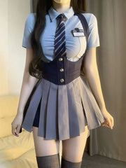 Voguable Autumn College Style JK Uniform Set Slim Shirt with Striped Tie Y2K Girls High Waist A- Line Pleated Skirt Fashion Suit voguable
