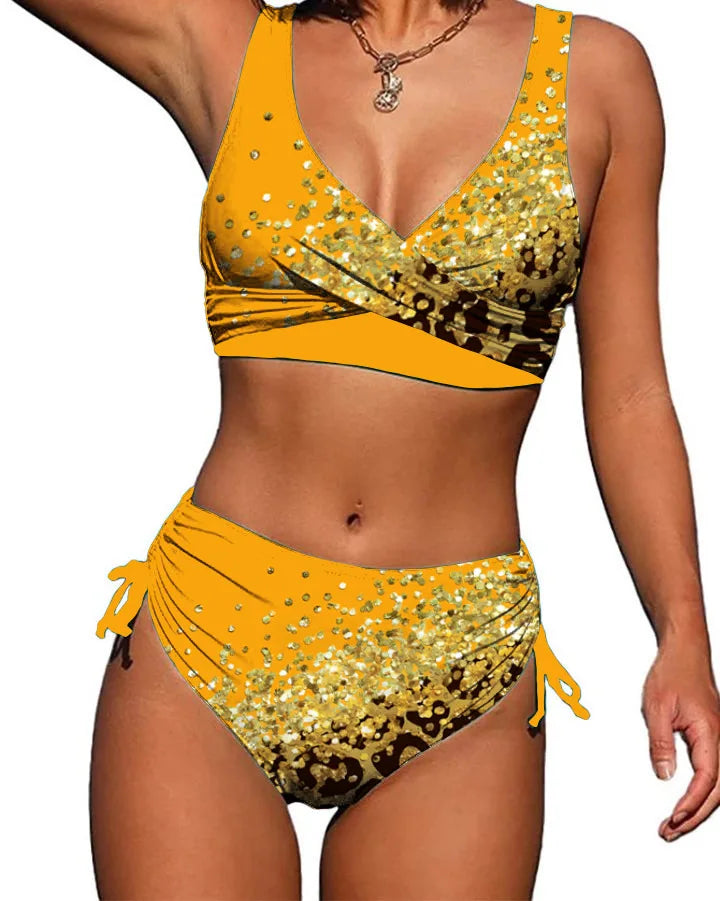 Voguable  Drawstring V Neck High Waist Bikini Women Printed Swimwear Female Swimsuit Bathers Bathing Swimming Suit Beachwear Summer voguable