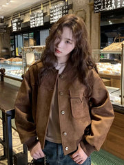 Y2K Retro Baseball Jacket Women Faux Suede Long Sleeve Fall Winter Coat Streetwear Casual American Vintage O Neck Bf Tops voguable