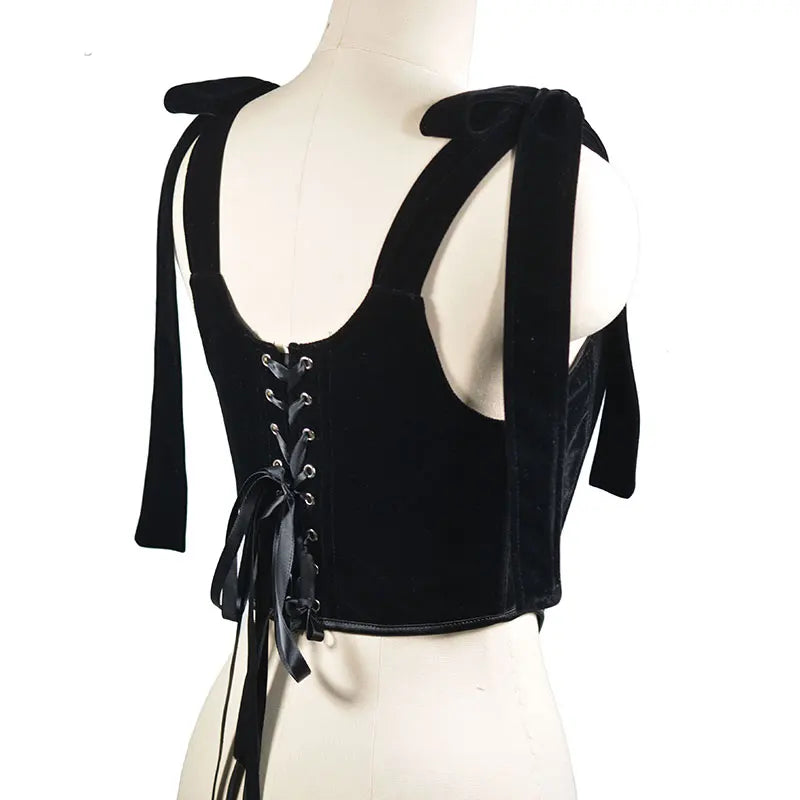 Goth Pentagram Black Camis Y2k Vintage Velvet Sexy Corset Tops Gothic Halter Backless Hollow Short Tops Basic halter top voguable