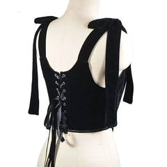 Goth Pentagram Black Camis Y2k Vintage Velvet Sexy Corset Tops Gothic Halter Backless Hollow Short Tops Basic halter top voguable
