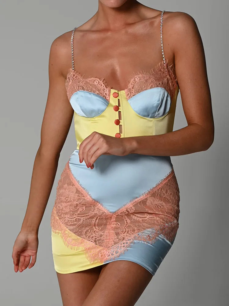 Diamond Chain Patchwork Print Mini Dress Women Fashion Y2K Summer Lace Sleeveless Backless Bodycon Dress 2025 Elegant voguable