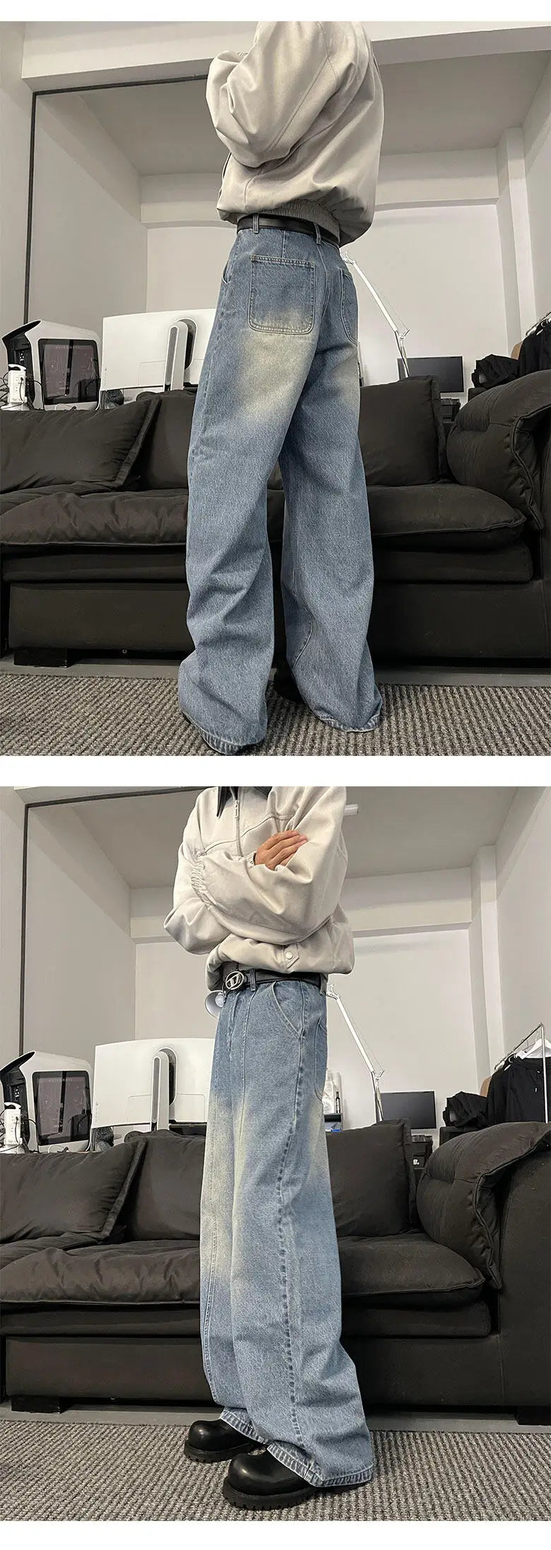 Jeans Men Loose Wide Leg Trousers Unisex low-rise jean Men's Denim Pants Old Blue Washed Male Jeans Straight Patchwork mop pants voguable