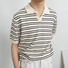 Summer Men's Clothing Light Luxury Knitted Polo Shirt Leisure Striped V-Neck Solid Color Short Sleeve Fashion Retro Knitwear voguable