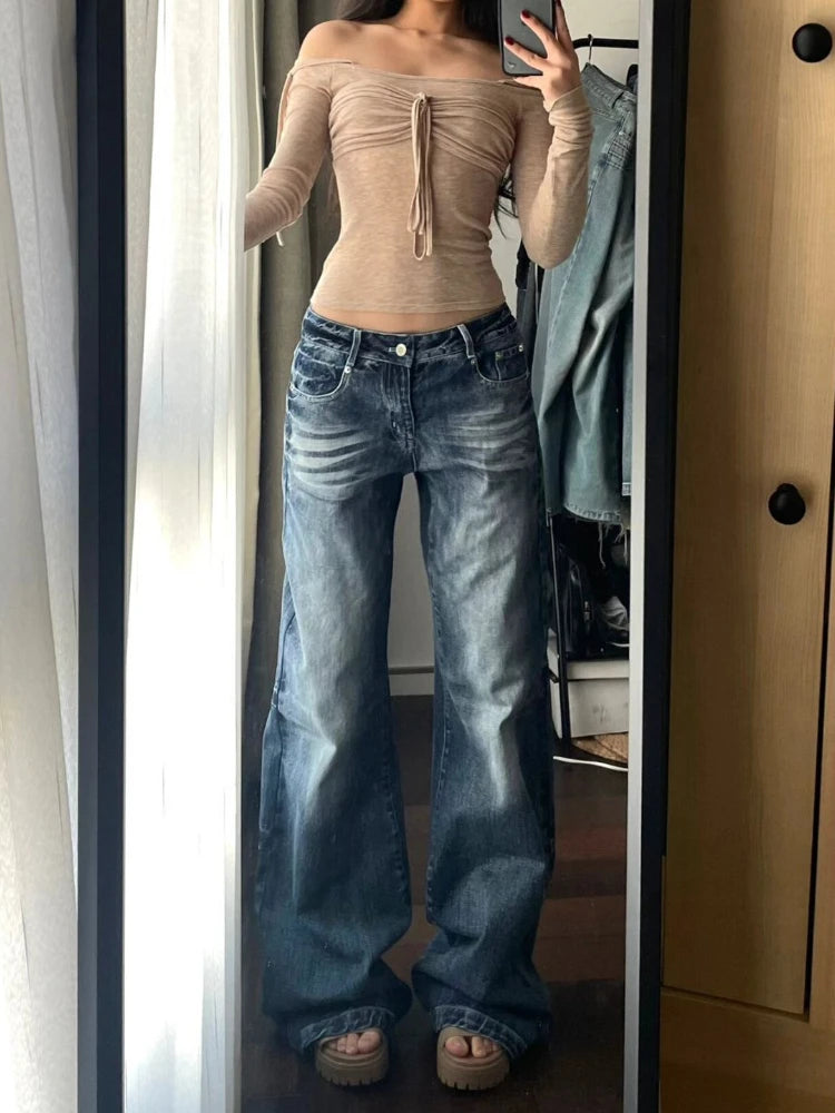 Voguable Y2k Vintage Wide Leg Jeans for Women Washed Casual High Waist Loose Denim Pants Streetwear Korean Straight Trousers voguable
