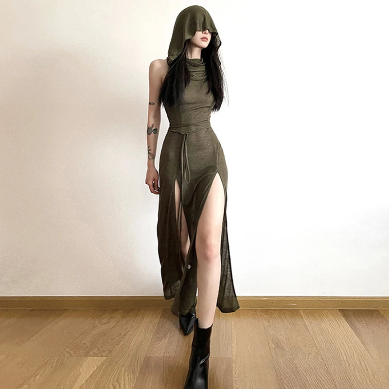 Wasteland Punk Dress y2k Women Solid Color Sleeveless Hollow Out Back Side Slit Hooded Dress 2000s Grunge Party Dresses voguable