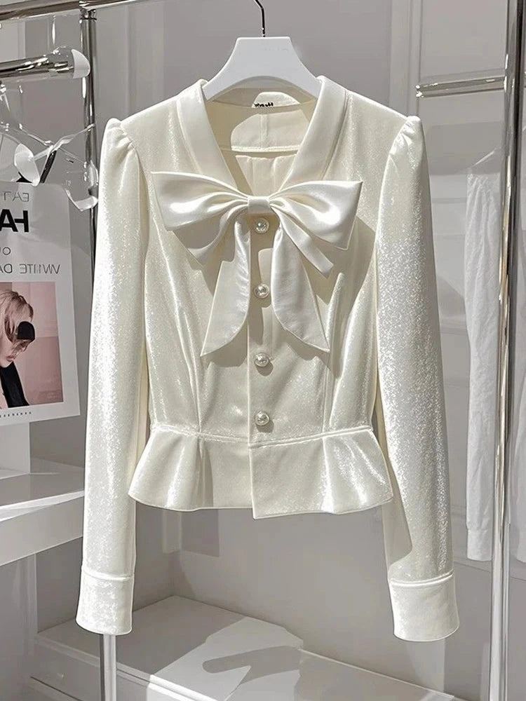 Chic Bow Velvet Elegant Shirt Women Slim Long Sleeve V Neck Fashion Blouse Korean Casual Fall Single Breasted Female Sweet Tops voguable