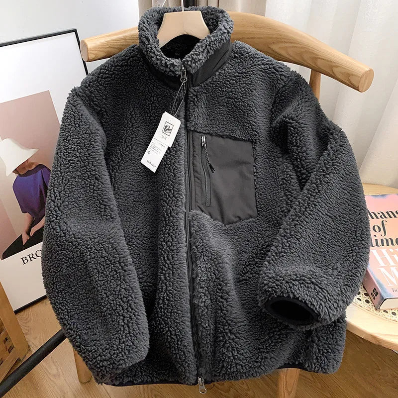 Autumn Winter Lambswool Coat Male Loose Windproof Warm Sherpa Stand Collar Polar Fleece Jacket Unisex Simple  Pocket Spliced Top voguable