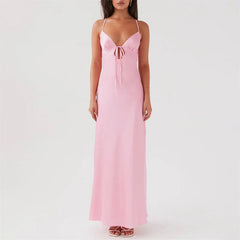 Sexy Long Dresses Women Solid Color V Neck Tie Up Spaghetti Strap Sleeveless Backless Dress Evening Party Dresses voguable