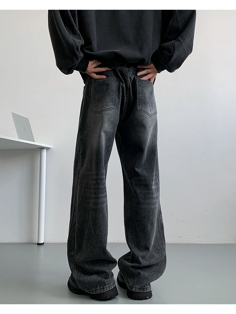 Winter Nostalgic Blue Jeans Men Chic Patchwork Loose Casual Denim Pants Wide Leg Male Straight Mopping Trouser Streetwear voguable