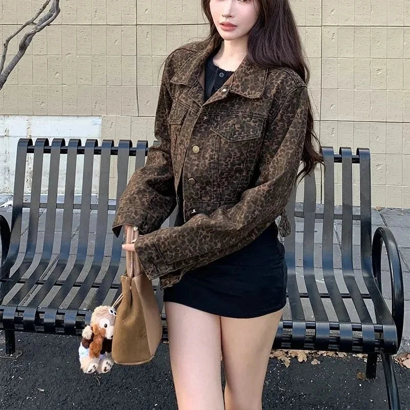 Y2K Cropped Leopard Denim Jacket Women Vintage Streetwear Long Sleeve Slim Short Coat American Harajuku Female Hip Hop Tops voguable