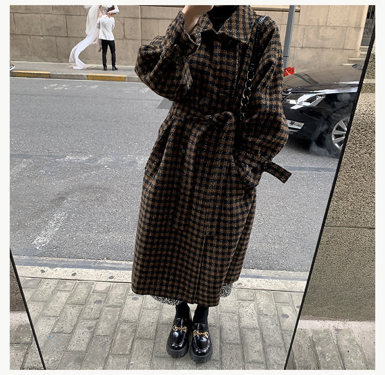 Autumn Winter Long Loose Casual Soft Plaid Woolen Coat Women Double Breasted Stylish Chic Luxury Designer Clothes voguable