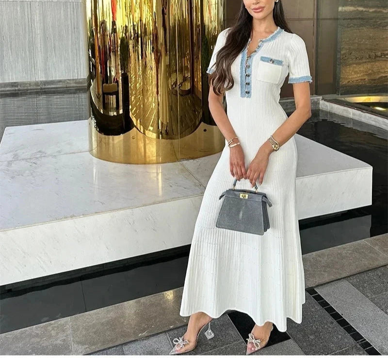 Denim Patchwork Kinitting Fashion Long Dress Tight Single Breasted Chic White Women Dress Versatile Street Summer Spring Vestido voguable